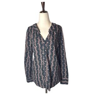 Skies Are Blue Shirt Women XS Green Pink Floral Collared Blouse Boho Cottagecore